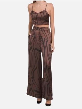 NWT House of Harlow 1960 Brown Satin Pants & Top with Black Abstract Stripes